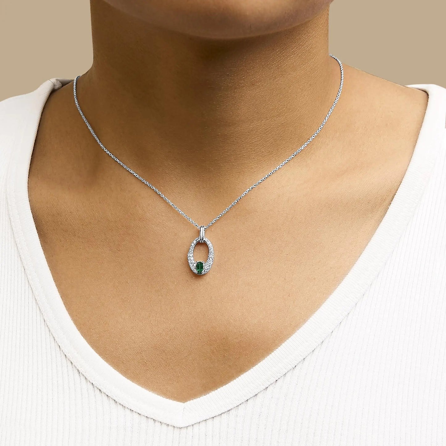 925 Silver Oval Pendant - Green Emerald & White Sapphire - 18" Necklace