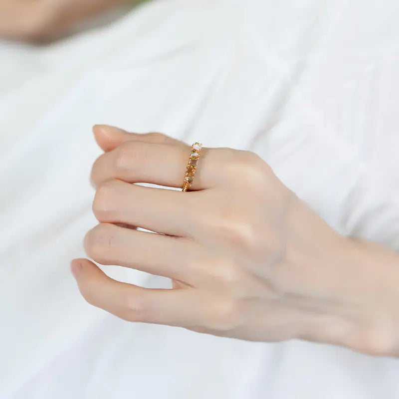 S925 Silver and 9K Gold Rainbow Synthetic Quartz Ring