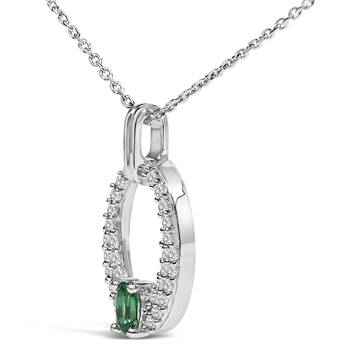 925 Silver Oval Pendant - Green Emerald & White Sapphire - 18" Necklace