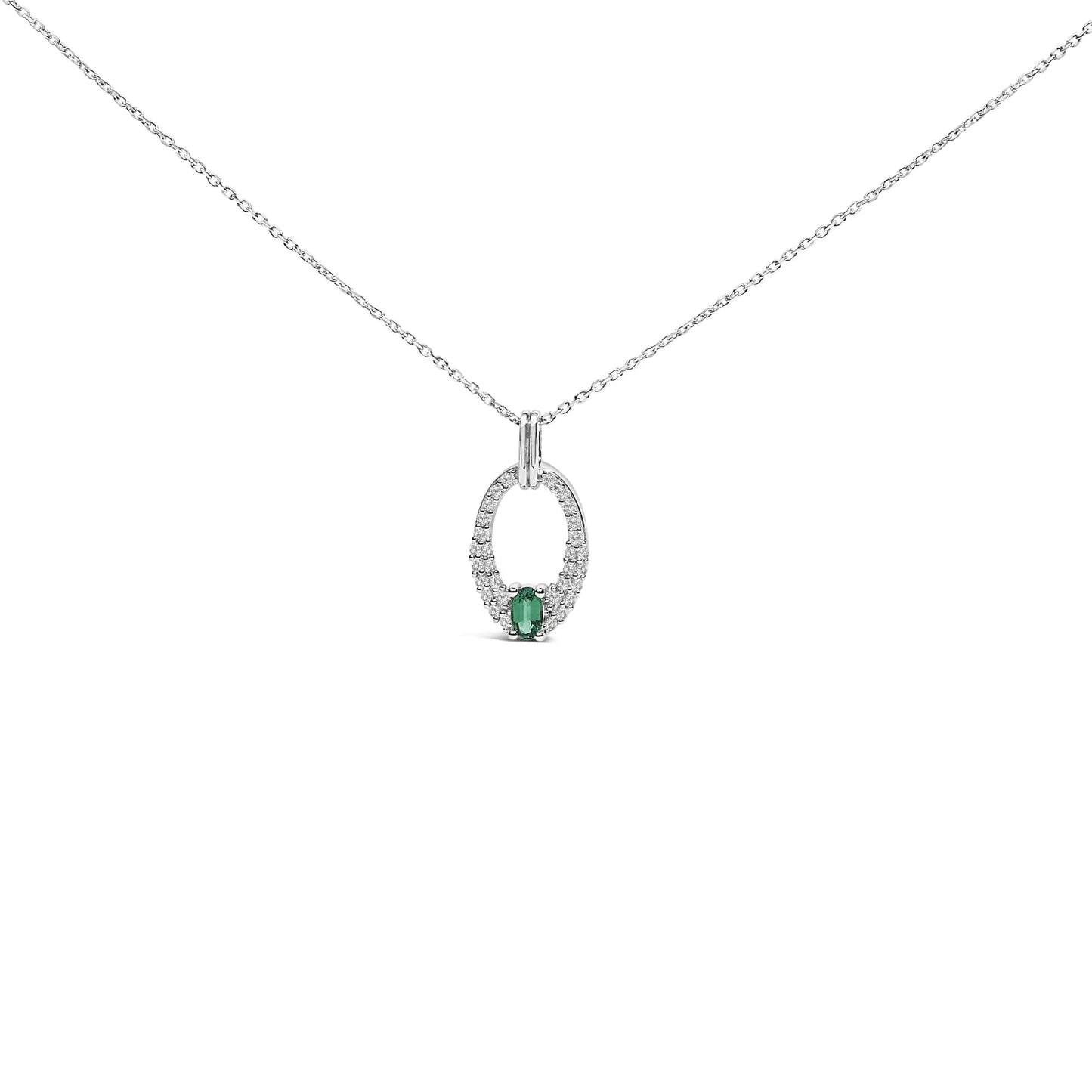 925 Silver Oval Pendant - Green Emerald & White Sapphire - 18" Necklace