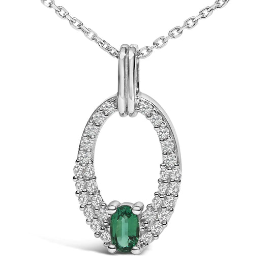 925 Silver Oval Pendant - Green Emerald & White Sapphire - 18" Necklace